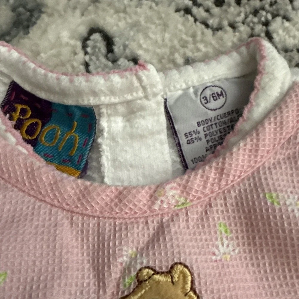 Vintage Disney Winnie the Pooh Pink Floral Embroidered Apron Dress Ruffle Sleeve